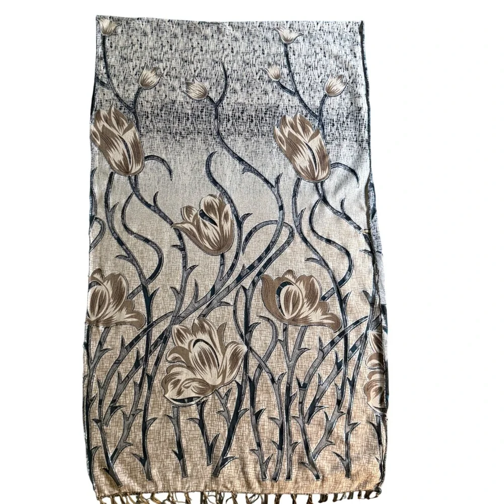 Elegant Floral Scarf Shawl Beige Brown Black Tassel Accent Statement Accessory‎